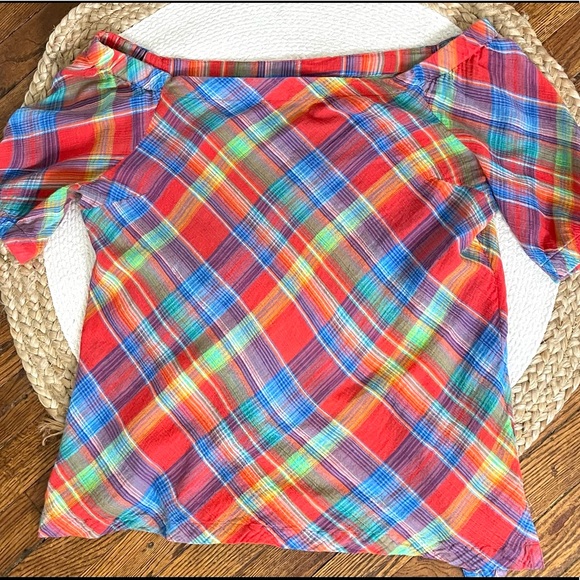 Ralph Lauren 90s y2k Plaid Off Shoulder Blouse Colorful Checkered Preppy - Picture 5 of 16